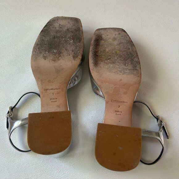 Reformation Silver Metallic Platform Block Heels Size 7 | Square Toe Party Shoes - Picture 6 of 7